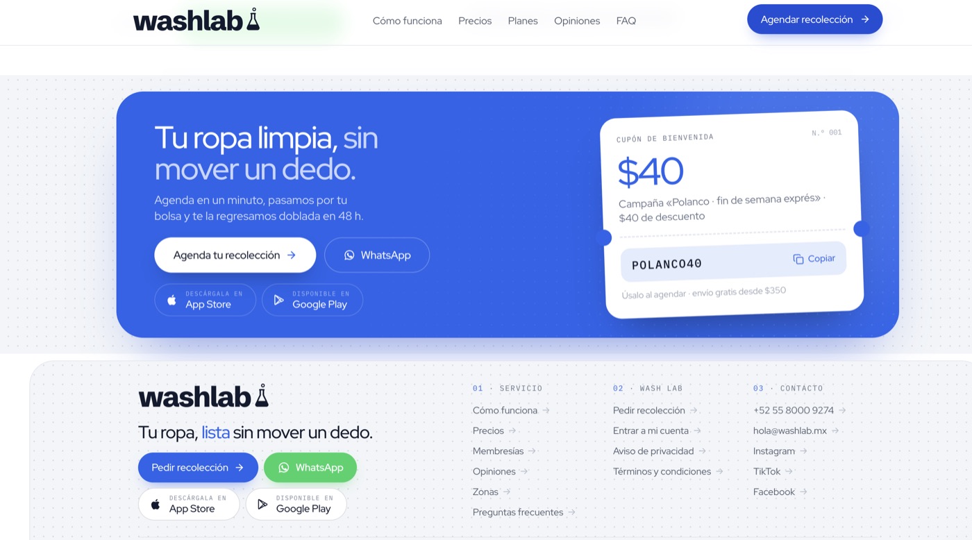 Sitio de Washlab · llamado a agendar y pie de página